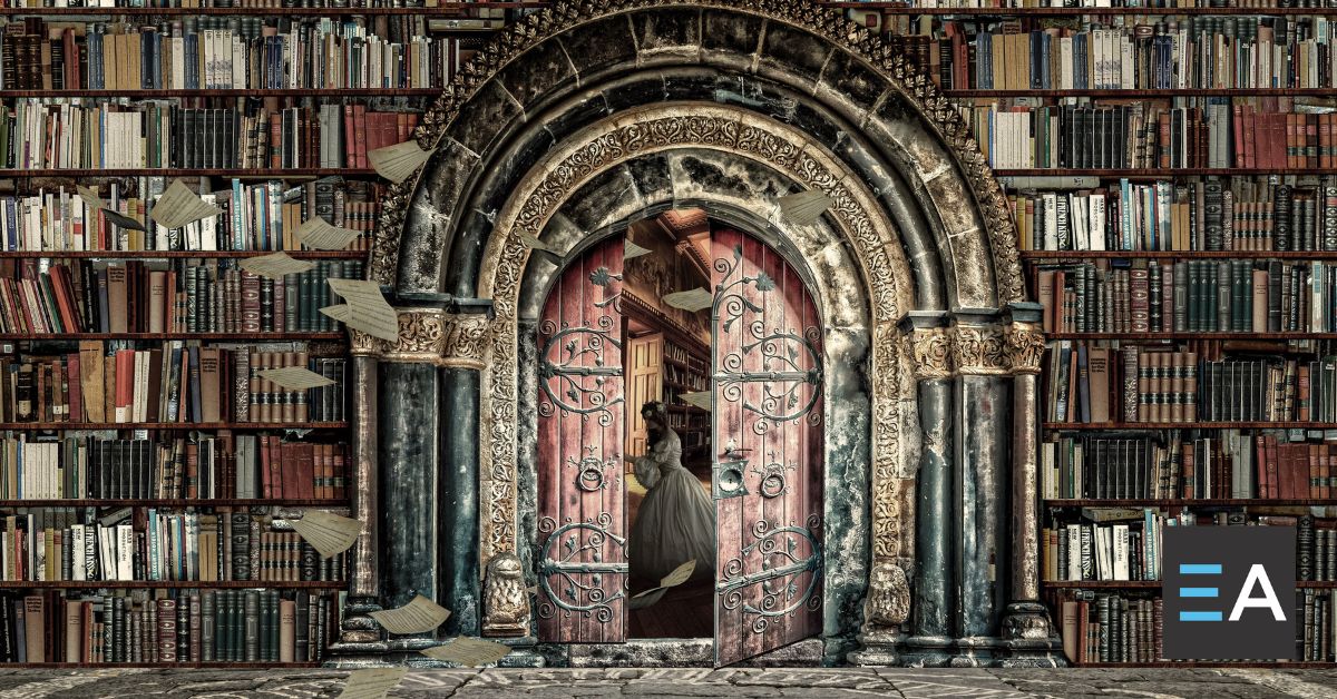 An ornate door in a bookshelf opening to reveal a woman in a dress