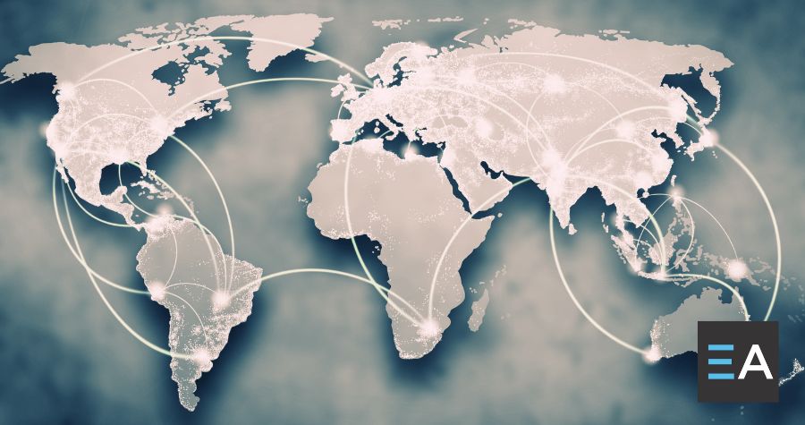 A map of the world with beams of light connecting major cities