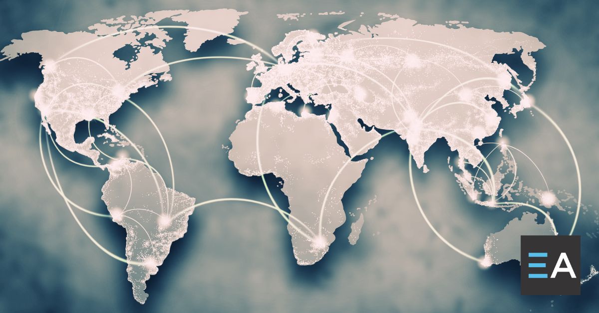 A map of the world with beams of light connecting major cities