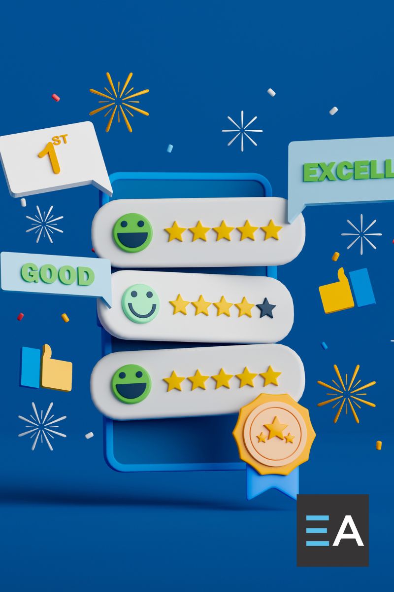 A cartoony collection of five star reviews, medals, and thumbs-up emojis