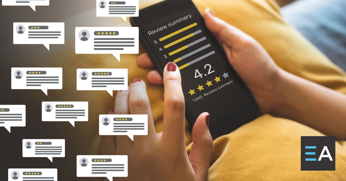 A person holding a phone displaying a 4.2 star rating. Around it are comment bubbles with reviews