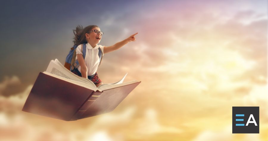 A child flying through the sky on a large book