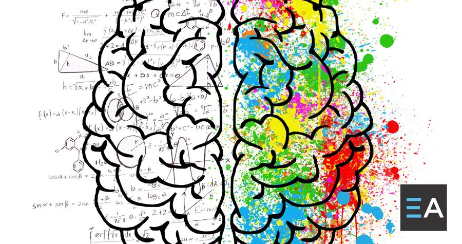 A drawing of a brain. The left hemisphere is covered in math symbols while the left hemisphere is covered in multicolored paint splotches