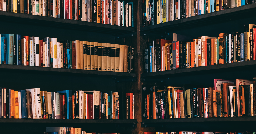 big book shelves with lots of books