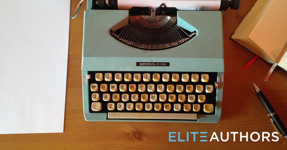 blue typewriter on desk